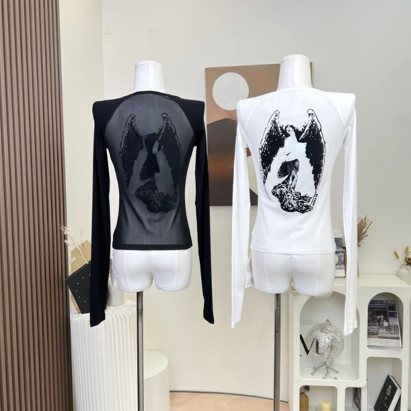 Black Retro Angel Print T-shirt for Women 2024 summer Fashion Slim Fit Tee Shirt Y2k Long Sleeve Bottoming Tops Mujer koreran fa