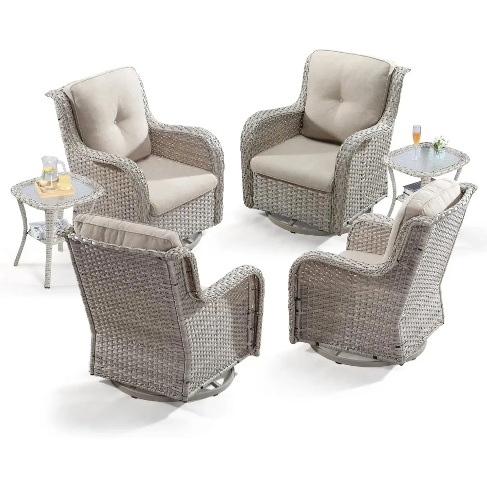 

6 Pieces Outdoor Swivel Rocker Patio Chairs Set of 4 with 2 Matching Side Tables - Patio Wicker Conversation Set with Cushions