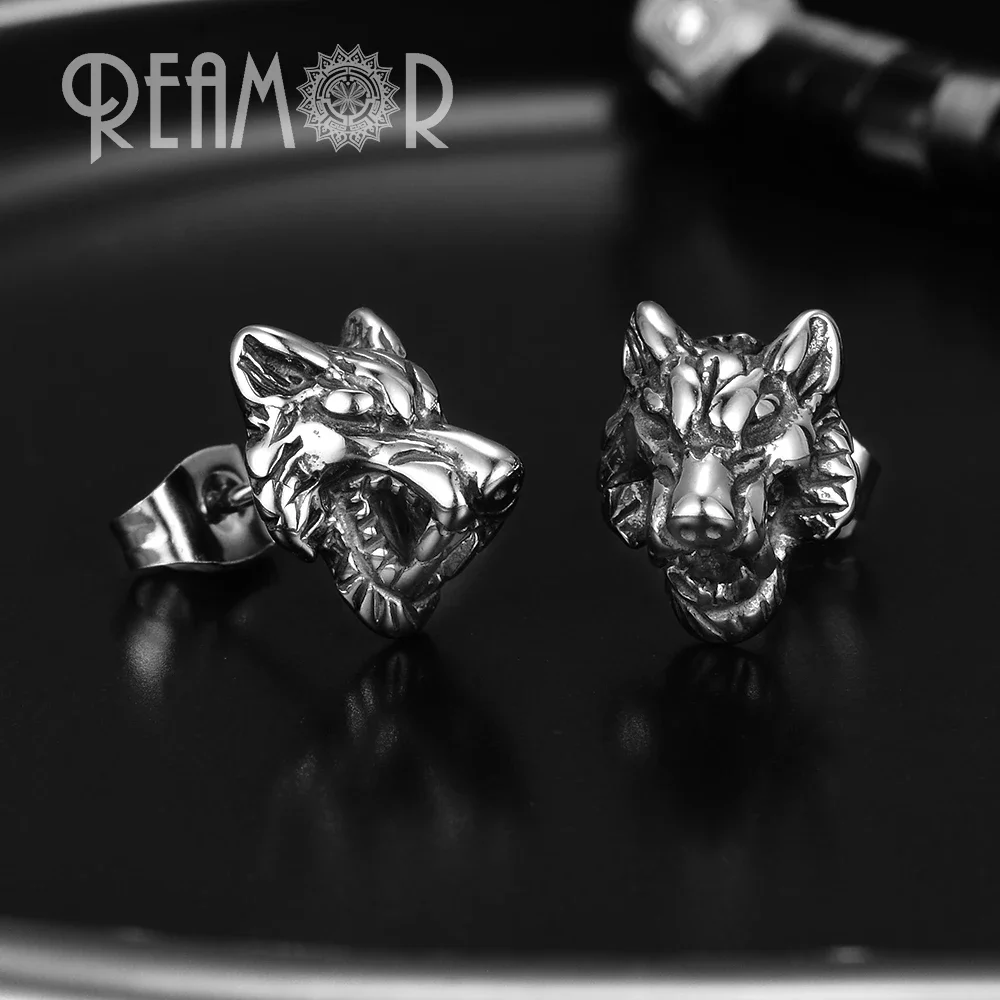 REAMOR Stainless steel Wolf Head Piercing Earrings for Women Men Gift Gothic Punk Stud Earrings Jewelry 1 Pair