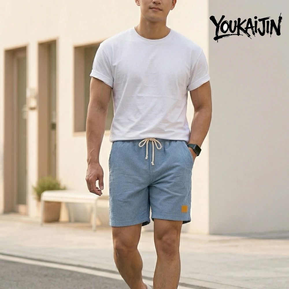 Corduroy Shorts Men EU Size Outdoor Loose Straight Casual Pants Summer Beach Retro Drawstring Elastic Waist Travel Shorts - Image 6