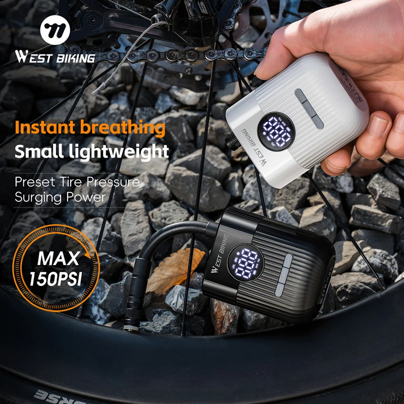 

WEST BIKING Bicycle Pump Mini Electric Air Pump 150 PSI Portable Pocket Bike Electric Tire Inflator With Digital Pressure Screen