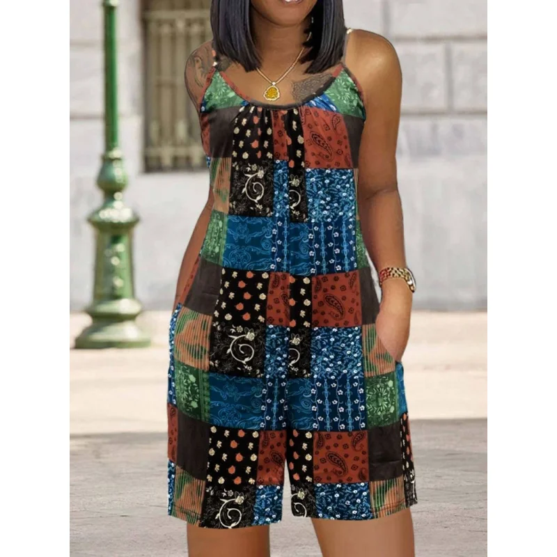 

European and American Style Women's Summer Fashion Casual Comfortable Design High QualityVCollared Vest Jumpsuit Shorts