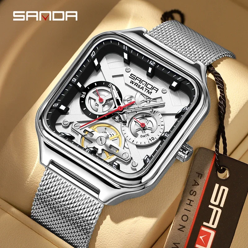 Montres carrées à quartz pour hommes SANDA Business Leisure, bracelet en maille métallique, lumineuses, étanches 5ATM, calendrier, semaine, multifonctions