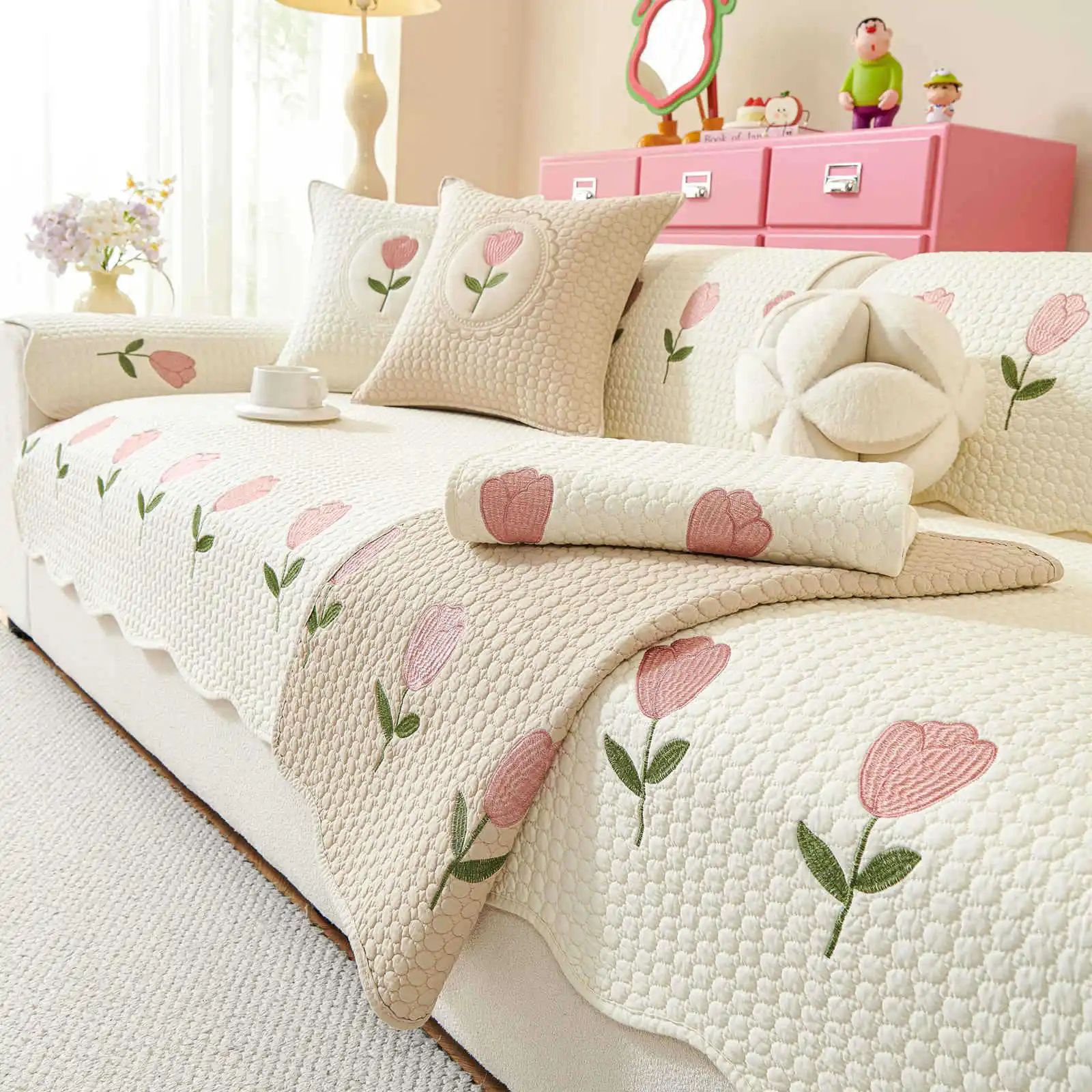 Embroidery Cream Wind Sofa Cover Cotton Non-Slip Dustproof Living Room Decoration Sofa Cushion Backrest Armrest Protect Towel