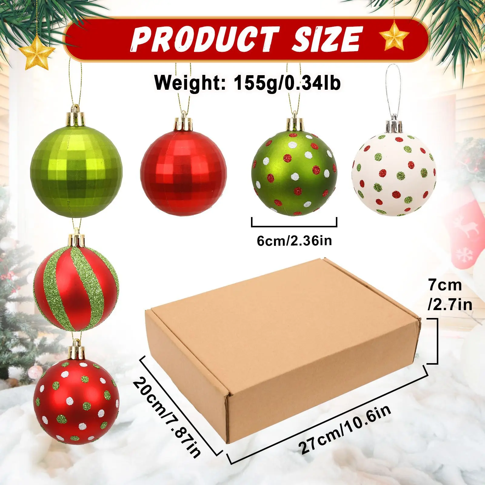 12 Pcs Christmas Ball Ornaments Glittering Plastic Hanging Decorations Ball Candy Red And Green Christmas Tree Pendants Supplies