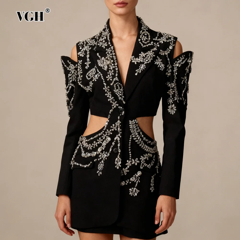 VGH High End Banquet Spliced Diamond Blazer Jacket for Women Lapel Long Sleeve Tunic Hollow Out Designer Mid Length Coat Female