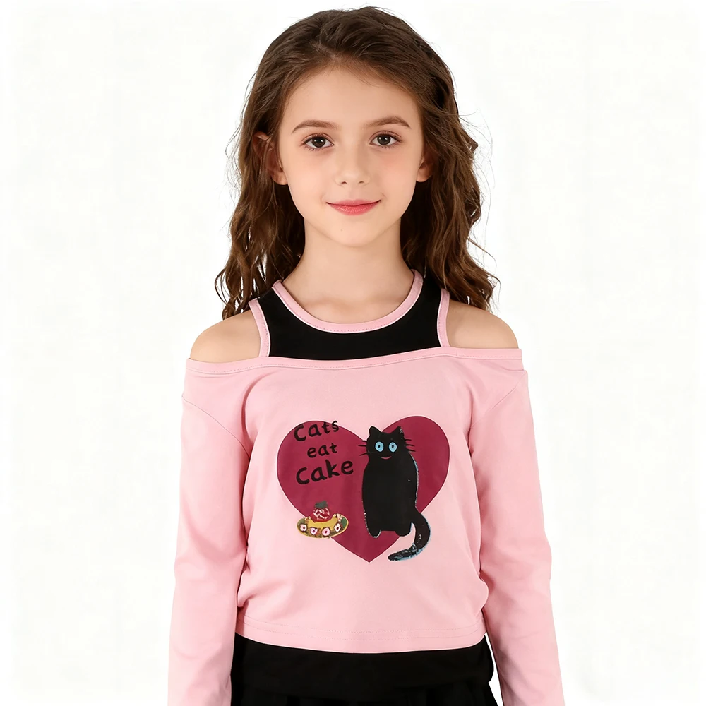 

Детский розовый топ с длинными рукавами, кошачьим принтом «кошачий пищевой торт» и искусственным дизайном из двух частей.