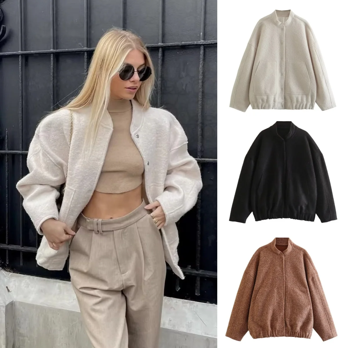 

Europe and the United States women's pockets decorated stand-up collar jacket 2025 spring casual outerwear fashionable women
