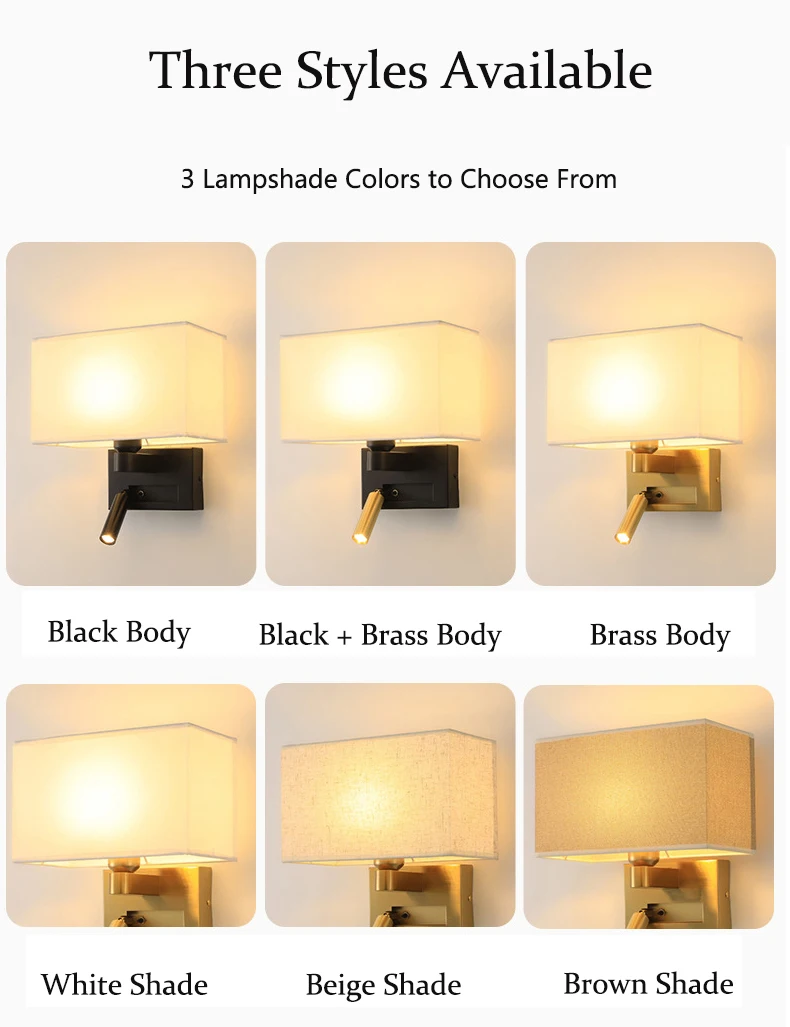 Modern Wall Sconce Cloth Lampshade White Beige Brown Led Wall Light Fixture with Adjustable Spotlight 360° Rotation for Bedroom