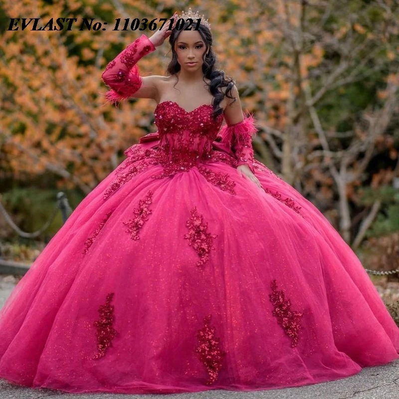 EVLAST Customized Pink Quinceanera Dress Ball Gown Shiny Lace Applique Beading Corset Sweet 16 Vestidos De XV 15 Anos SQ168