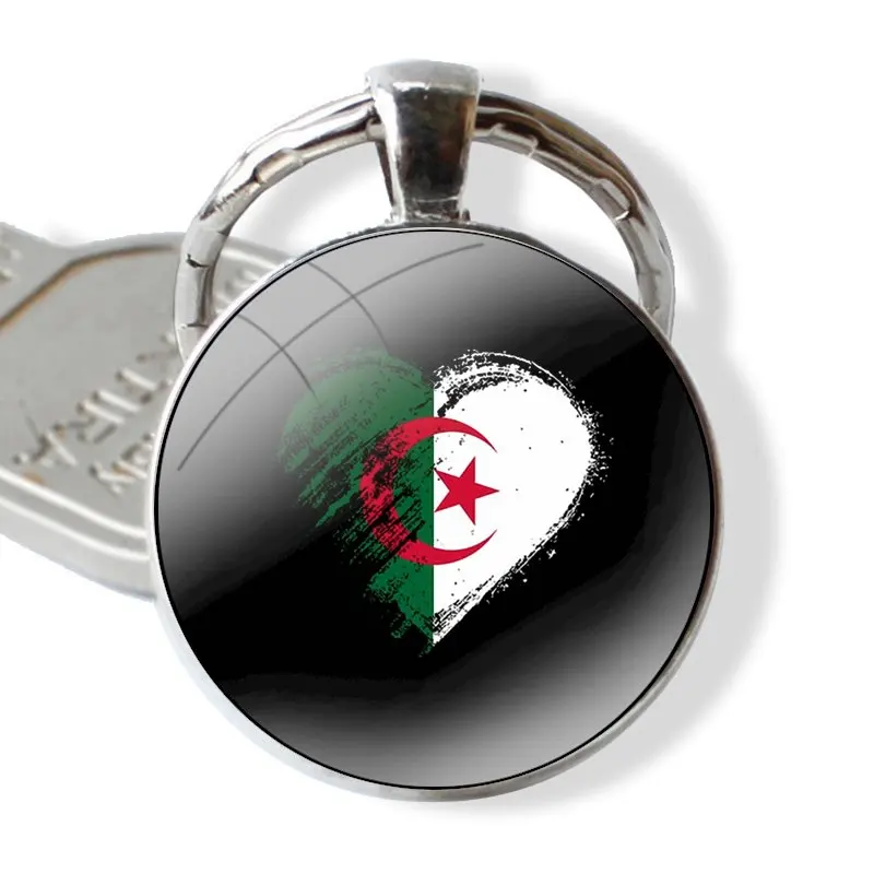 Design Keychain Handmade Glass Cabochon Key Ring Holder Pendant Key Chains Algeria Flag