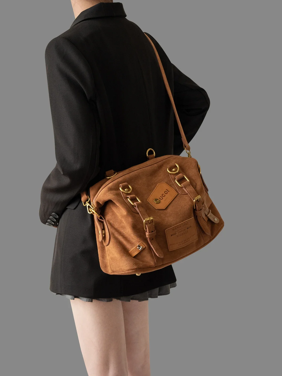 Yao Dong Hiatus Original Retro Label Brown Backpack Gilt Rivet Creative Casual Simple Backpack Crossbody Small Bag