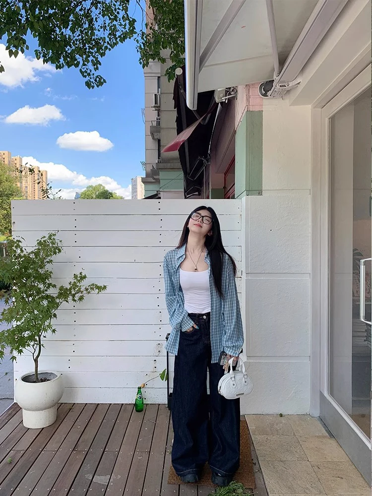 

Blue Plaid Sun Protection Shirt Jacket Women's Summer New Style Strap Cardigan Lightweight Casual Versatile Outerwear