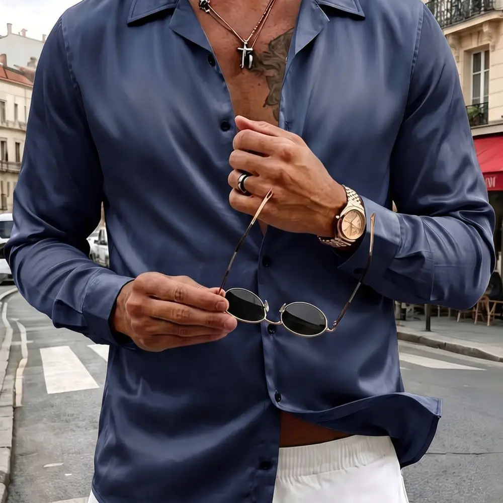 Luxury Mens Satin Shirt Long Sleeve Cuban Collar Soft Breathable Quick Dry Anti Wrinkle Business Formal Party Blouse