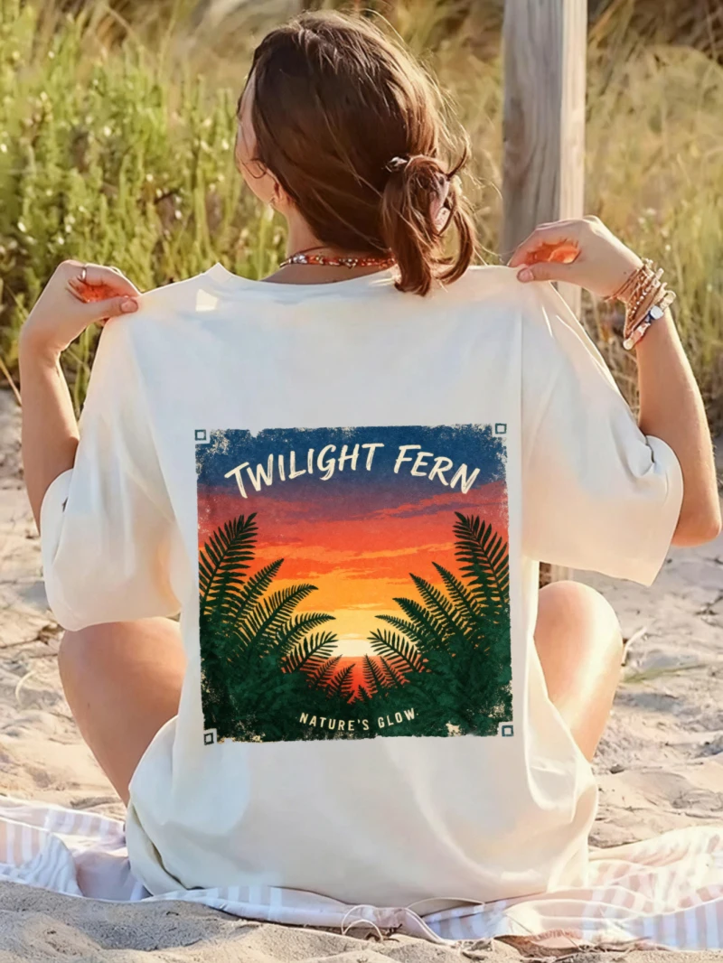 

Женская футболка с рисунком заката и буквенным принтом «TWILIGHT FERN», топ в стиле летнего отдыха и отпуска