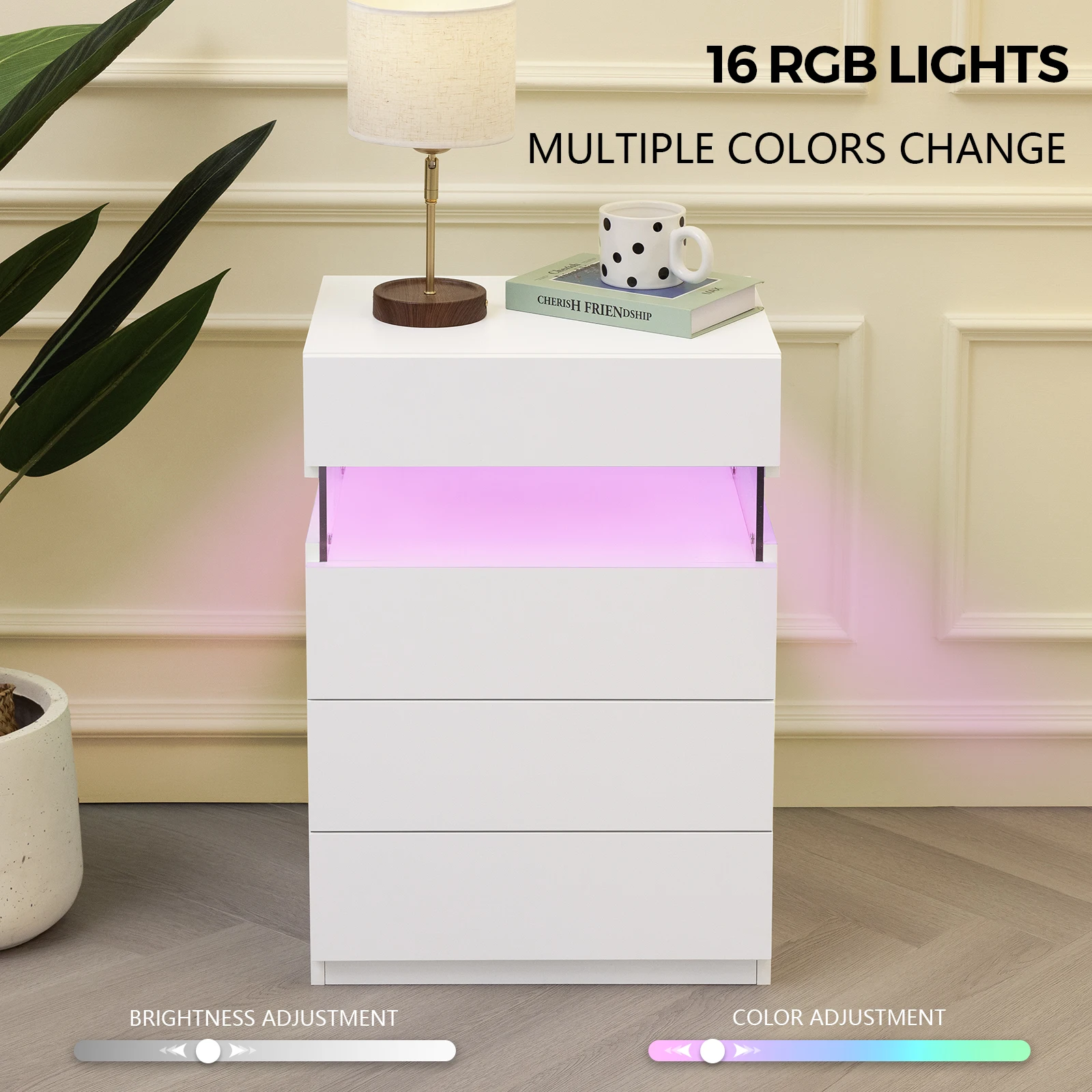 Cubehom LED Nightstand,Modern Night Stand with 4 Drawers,Tall Nightstand,Large Capacity,Multi-Color LED Lights,End Side Table for Bedroom