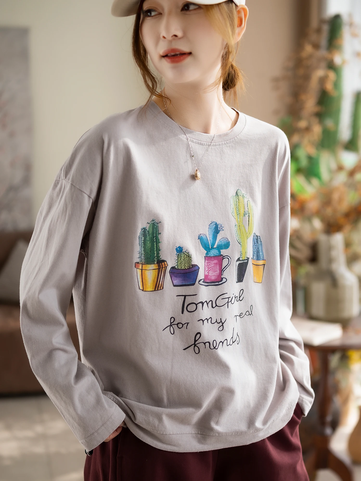 

Cotton Floral Print Long Sve round Ne Base irt Women's Casual Sle Spring Autumn New Faion Top Ladies T-irt