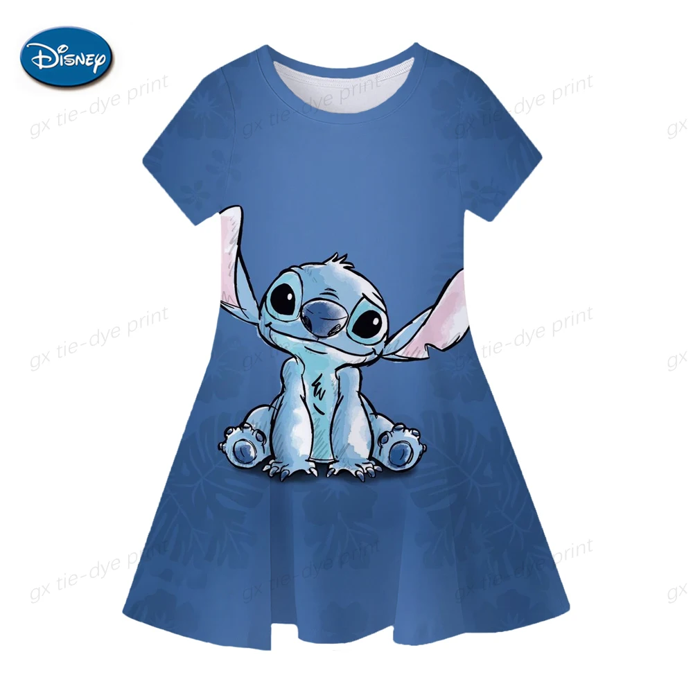 Vestido de manga corta con estampado de Stitch para niña, ropa de princesa, informal, diario, Verano