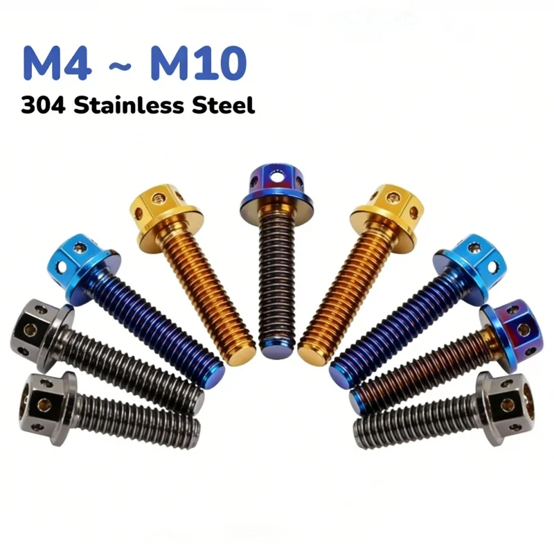 304 Stainless Steel M4 ~ M10 Titanium Plated Flange Screw Inner and Outer Hexagon Motorcycle Repair Screw Length 12~60mm