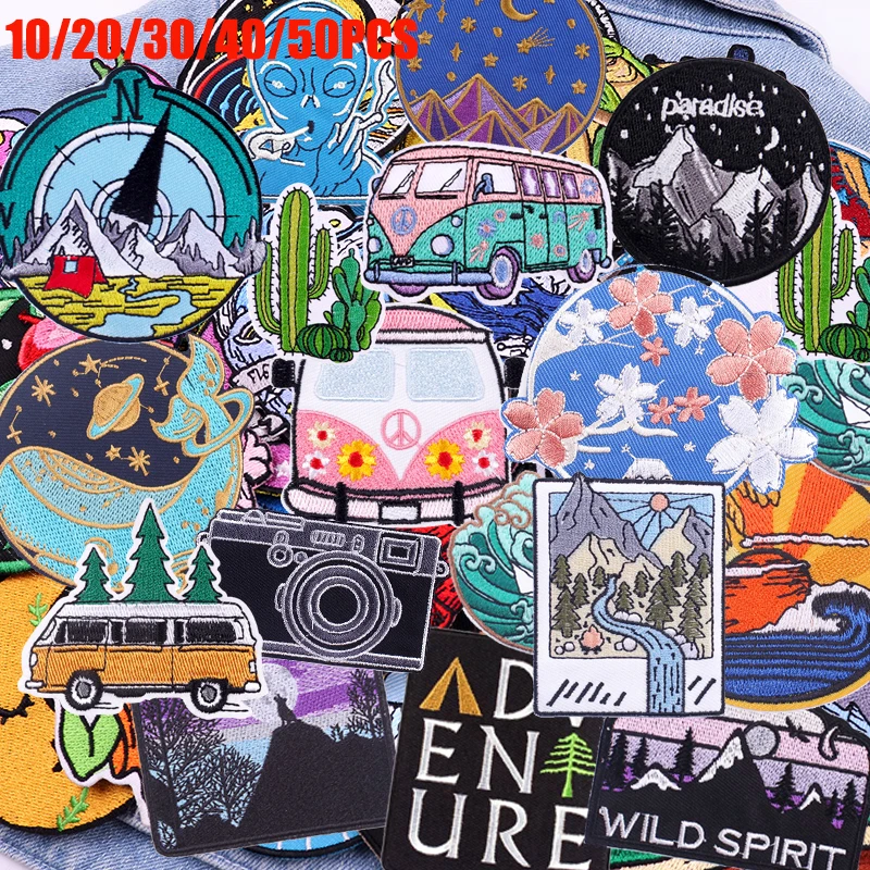 10/20/30/40/50PCS Random mixed Outdoor Patch Mountain Camping Adventure Embroidered Patch Iron On Patches Jackets Backpack DIY