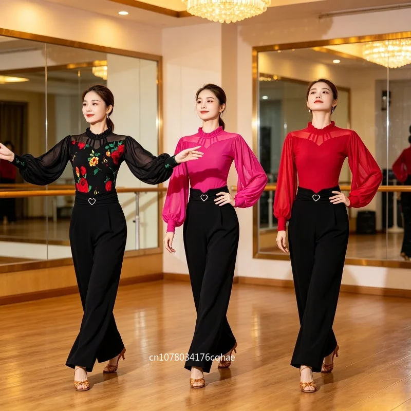 

Women Mesh Splice Latin Dance Top Elegant Standard Ballroom Dance Costume Summer Dance Wear Performance Accessories Dancewear