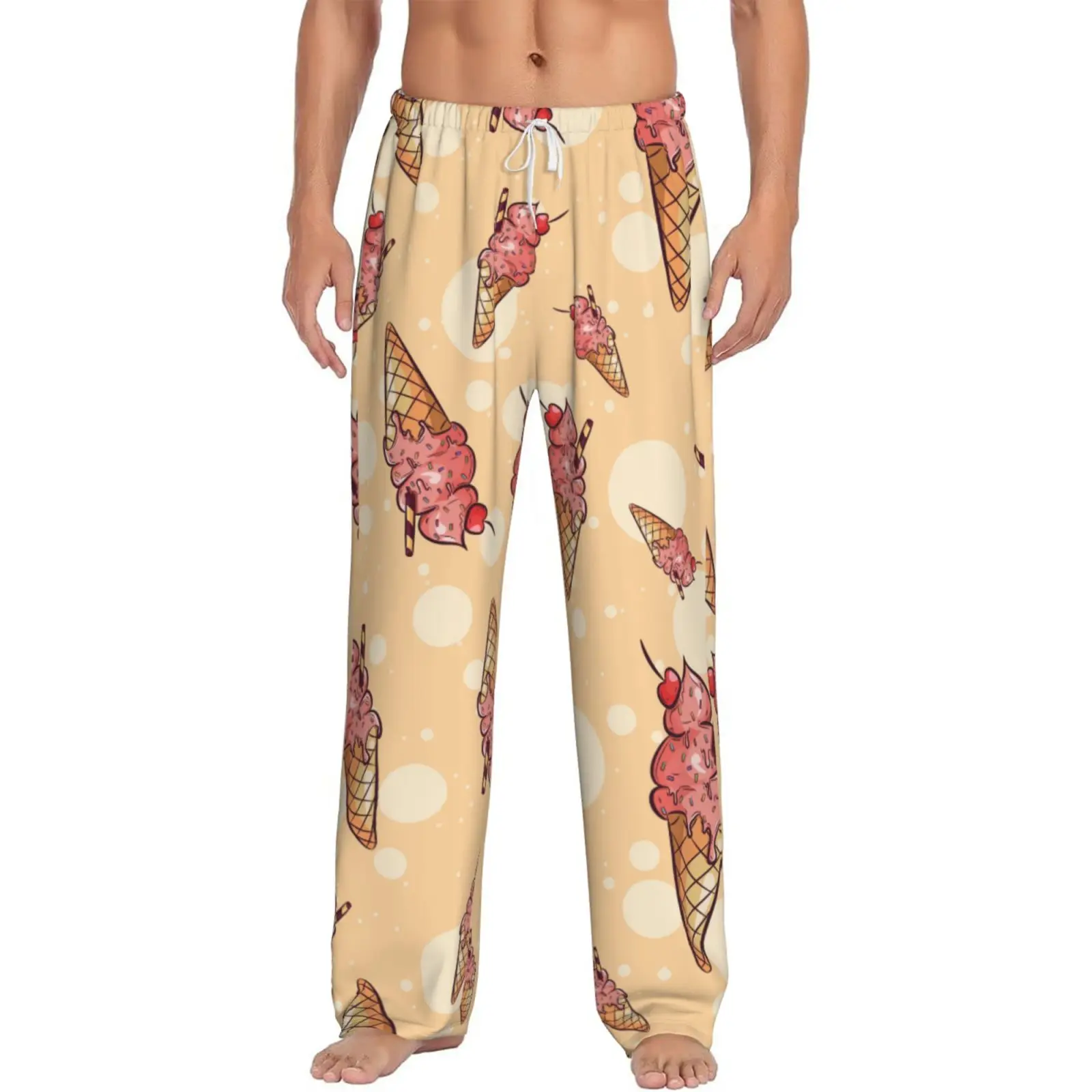 

Мужские спальные штаны с забавным мультяшным принтом мороженого и высококачественные спальные штаны в стиле Харадзюку с карманами для домашнего использования