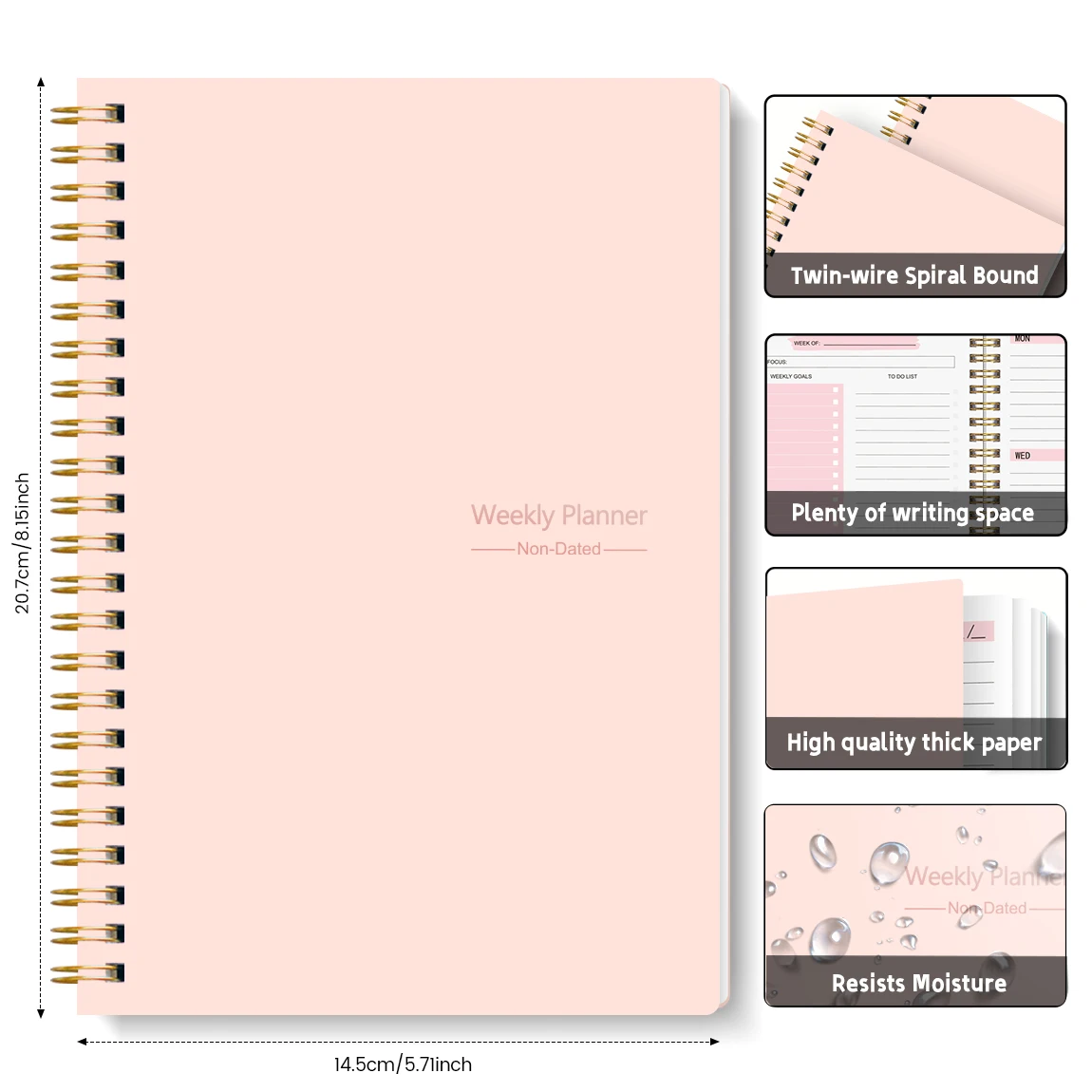 A5 Undated Weekly Planner with Pink Cover,Spiral Bound Agenda Notebook with To-Do List,Goals & Habit Tracker for School, Office