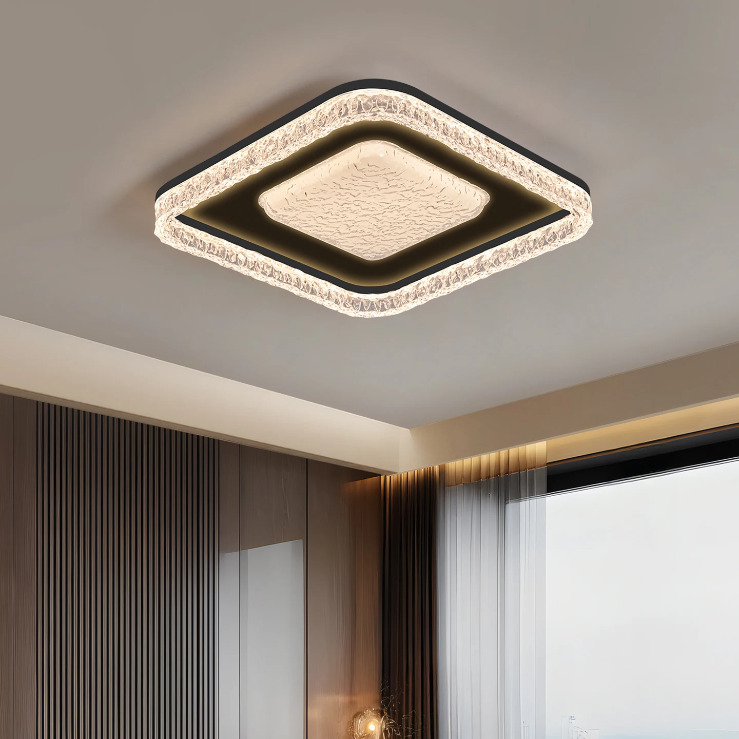 LED Square Ceiling Light 3 Color Dimmable Layer Crystal Texture Modern Lamp Indoor Fixture Bedroom Living Room Home Lighting