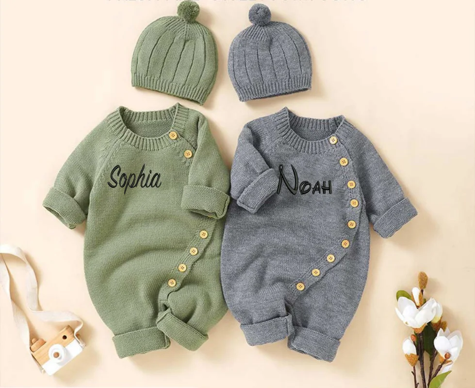 

Personalized Autumn New Baby Long Sleeved Hoodie Knitted Solid Color Newborn Jumpsuit Crawling Suit