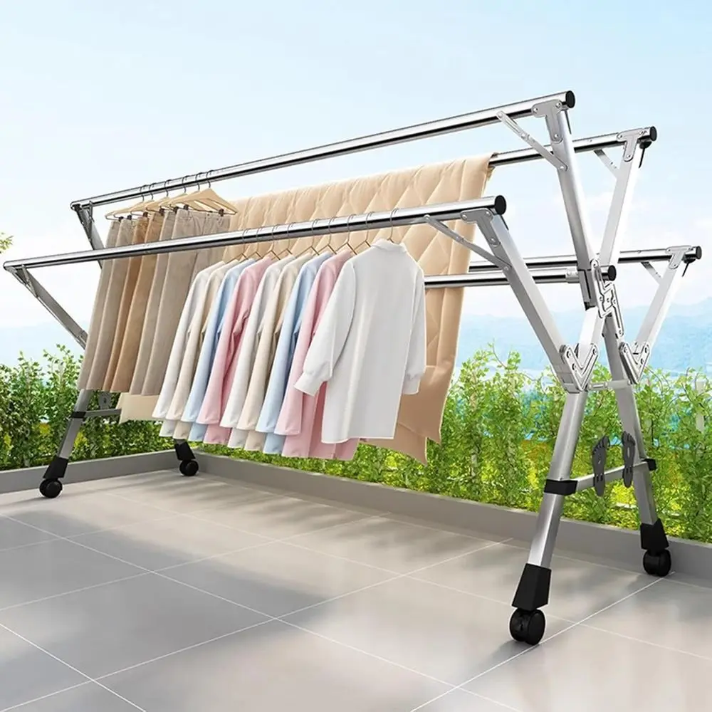 

Регулируемая сверхпрочная сушилка для белья из нержавеющей стали с 5 штангами, портативная для улицы/дома, 20 ветрозащитных крючков, 12 зажимов, Ex