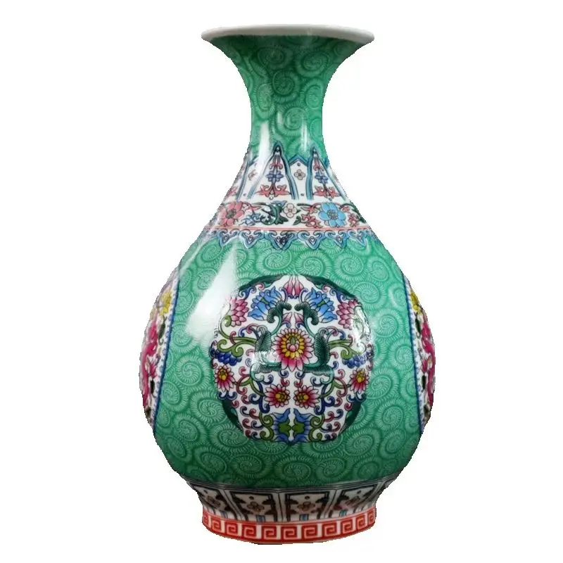 

Chinese Old Porcelain Greenland Pink Flower Pattern Jade Pot Spring Shaped Vase Collectible Antique Asian Decorative