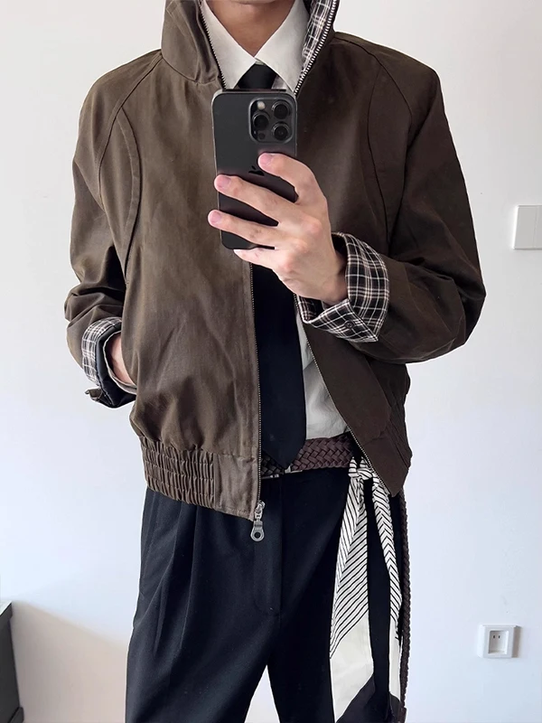 

Американский ретро темно-коричневый ex Jaet, весенне-осенний клетчатый лоскутный воротник, стоячая молния, длина, теплый полиэстер, нейлон