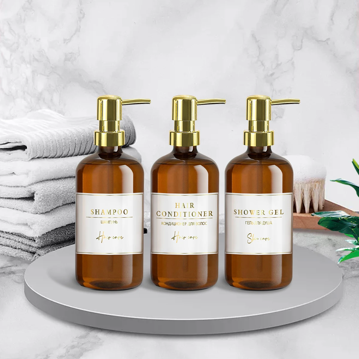 Amber Soap Dispenser Set, Shower Shampoo Conditioner and Shower gel Bottle Set with Waterproof Labels for Bathroom Decor view 5