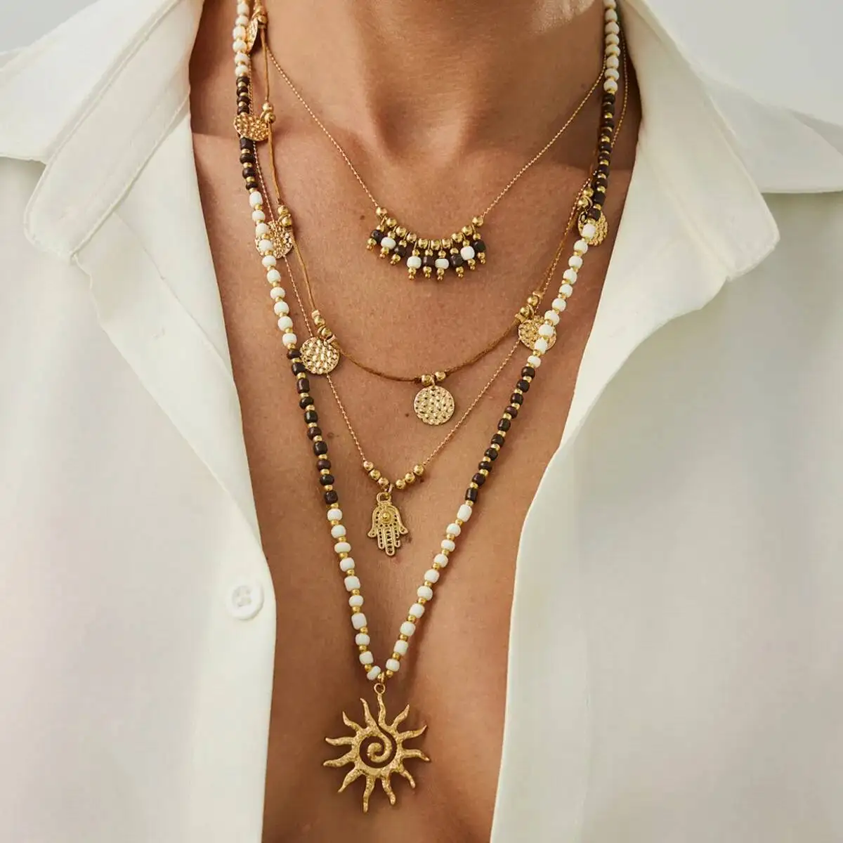 

SHIXIN 2 Pcs/Set Ethnic Multilayer Stacked Beads Chain Necklace for Women Vintage Sequin Sun Pendant Necklace Jewelry on Neck