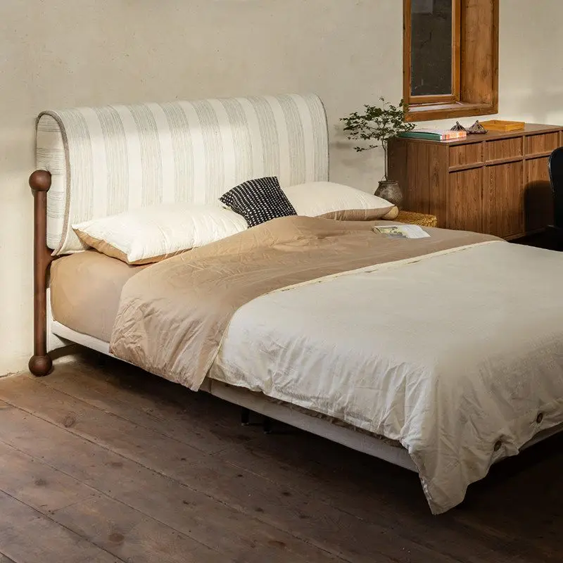 Soft bed antique removable stripe primary and secondary, bedroom small apartment retro fabric linen double wedding bed