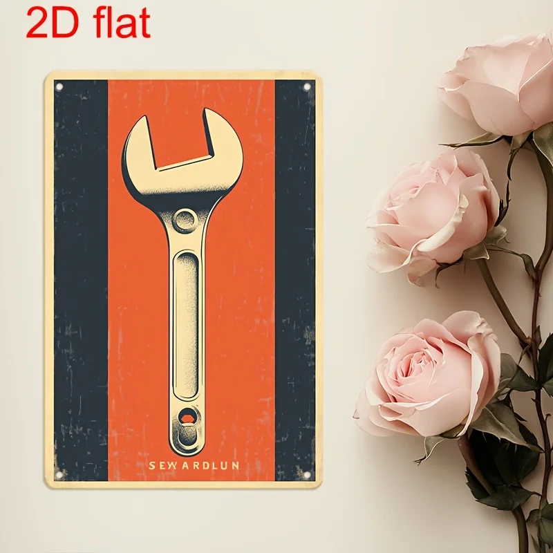 Retro Metal Wall Sign with Wrench Design - Vintage Industrial Decor, Durable Pre-Drilled Holes for Easy Hanging,  Indoor/Outdo