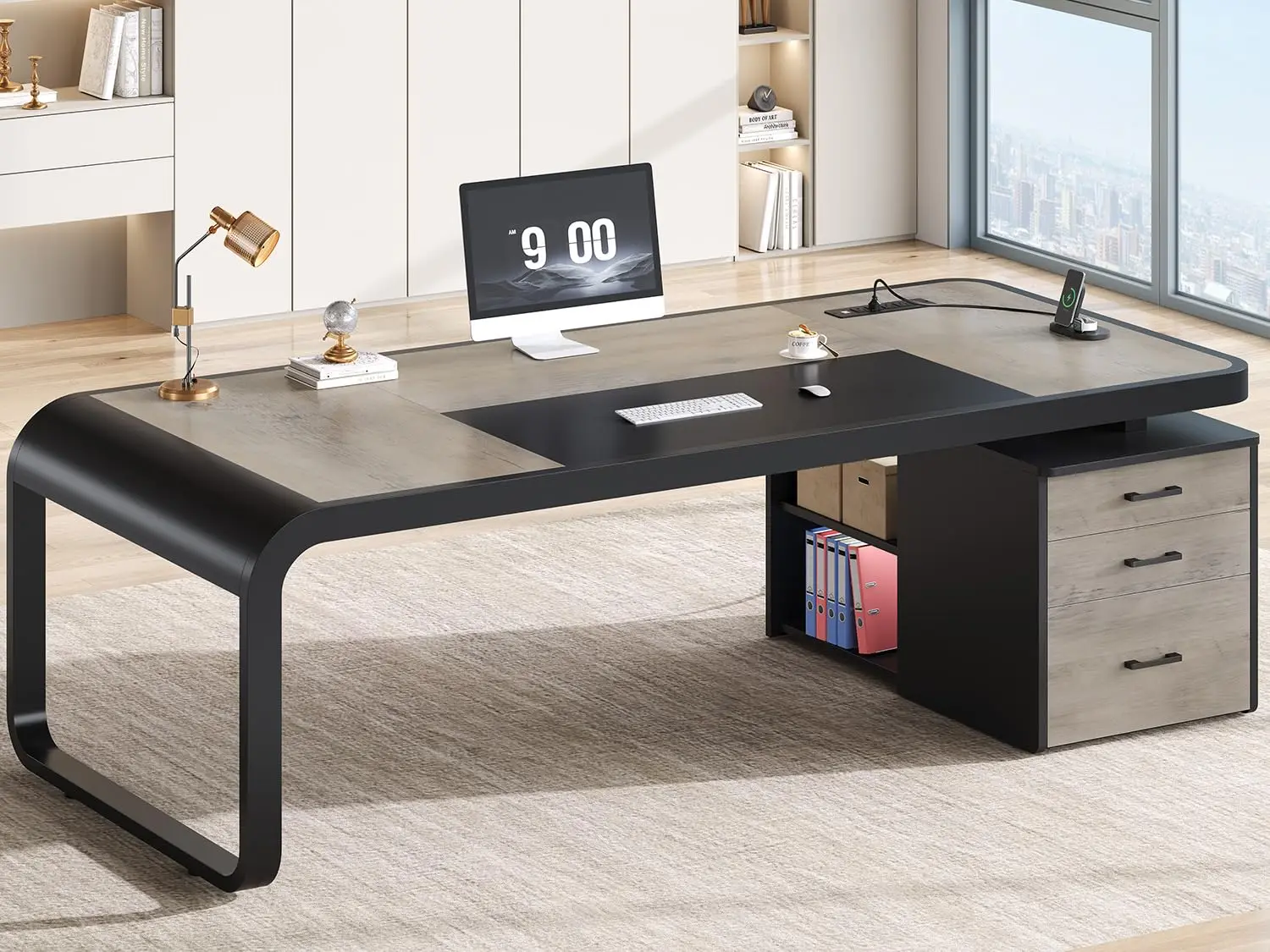 Executive Desk with Drawers & File Cabinet, Removable Shelves Office Workstation for Home Office, 70.9