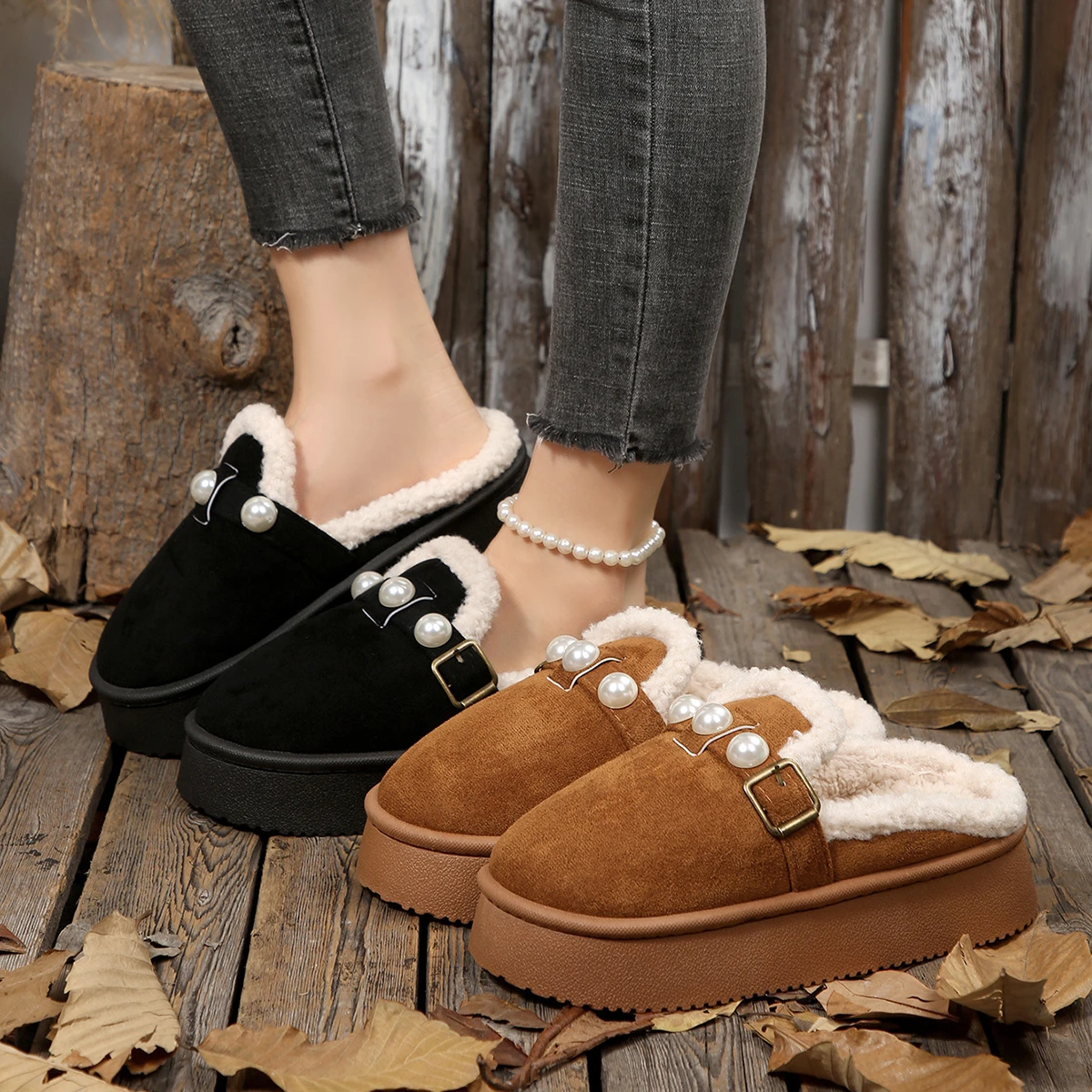 Winter Thicken Plush Birken Slippers Women Comfy Soft Sole Platform Cotton Padded Shoes Woman Non Slip Furry Slides Woman