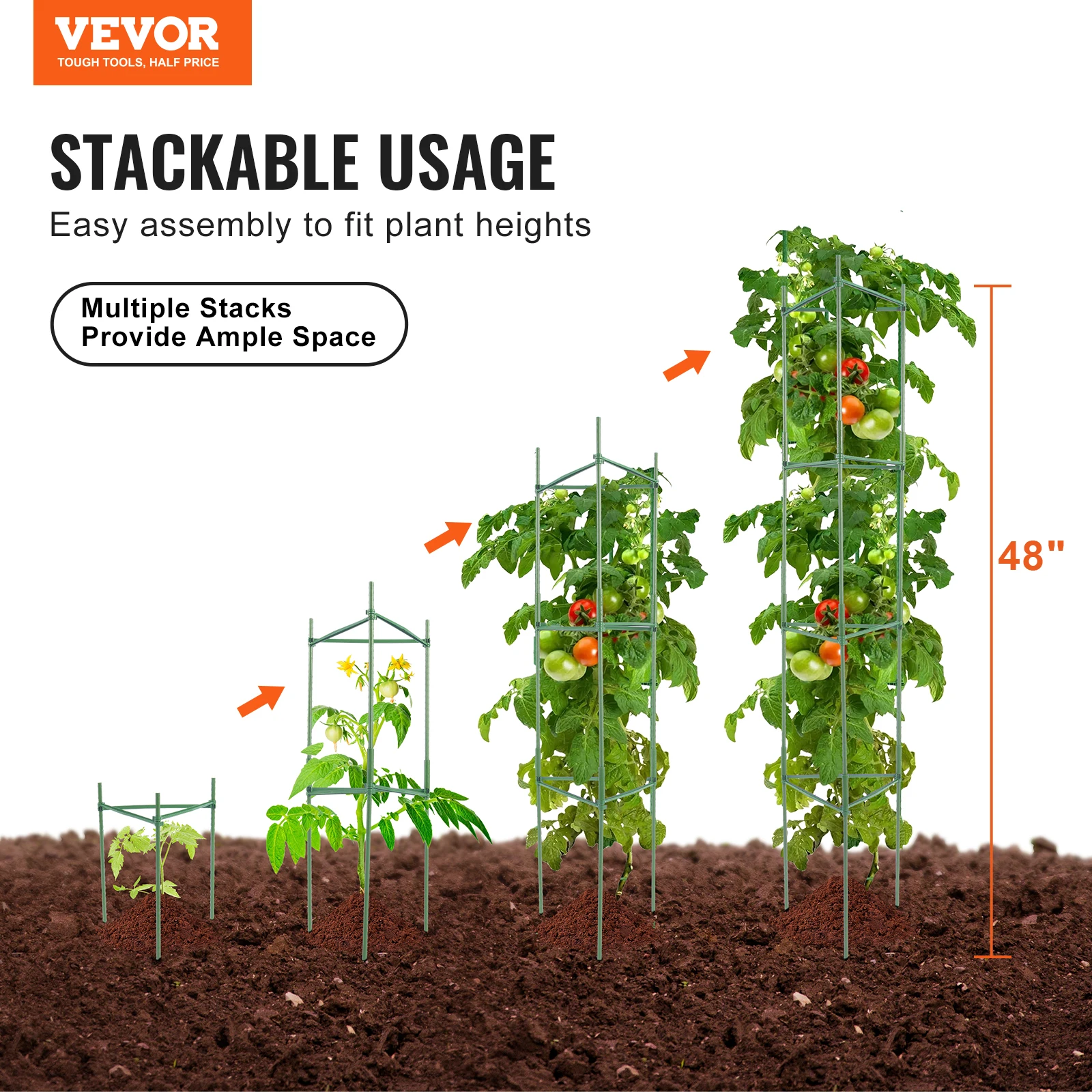 VEVOR 6 Packs Tomato Cages for Garden 48 in Trellis Plant Stakes Suppor for Raised Garden Bed Vegetables Flowers Climbing Plants