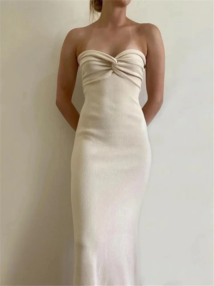 

Женское трикотажное платье макси без бретелек, летнее пляжное облегающее платье с открытыми плечами, вязаное вечернее платье с открытой спиной, 2023