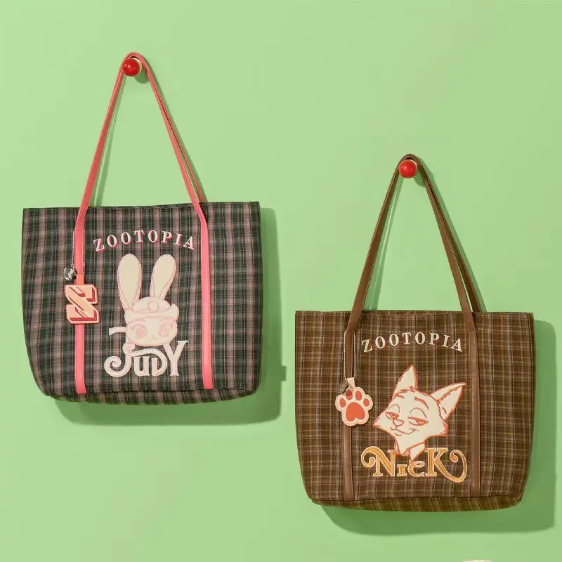 

Disney Zootopia Plaid Tote Bag, Cute Cartoon Character Shoulder Bag for Women, Large Capacity Canvas Shopping School Bag Gift