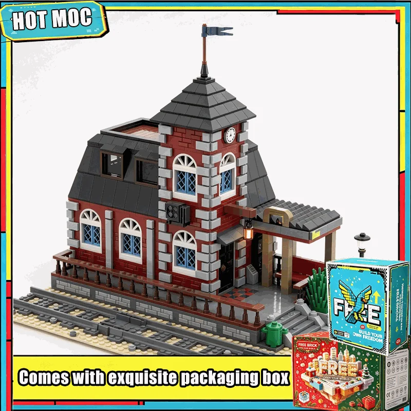 1305PCS Vintage Country Train Station Model MOC Building Blocks Custom Puzzle Architecture DIY Educational Toy Collection Gift