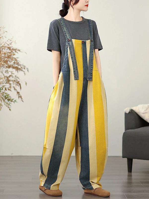 Loose Casual Women's Summer Denim Overalls Printed Striped Nine-Piece Tagl Straight Leg Jeans Casual Comfortable Wide Leg ...