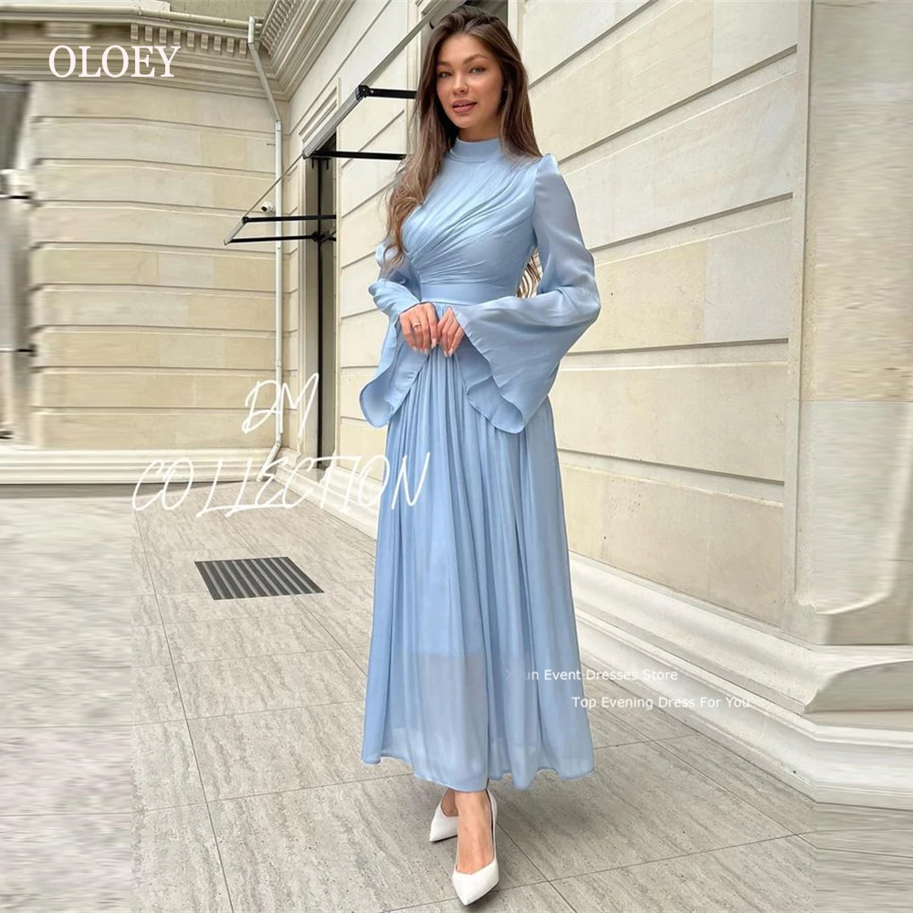 OLOEY Modest Dusty Blue Arabic Evening Party Dresses Flare Long Sleeves High Neck Silk Chiffon Ankle Length Prom Formal Gowns