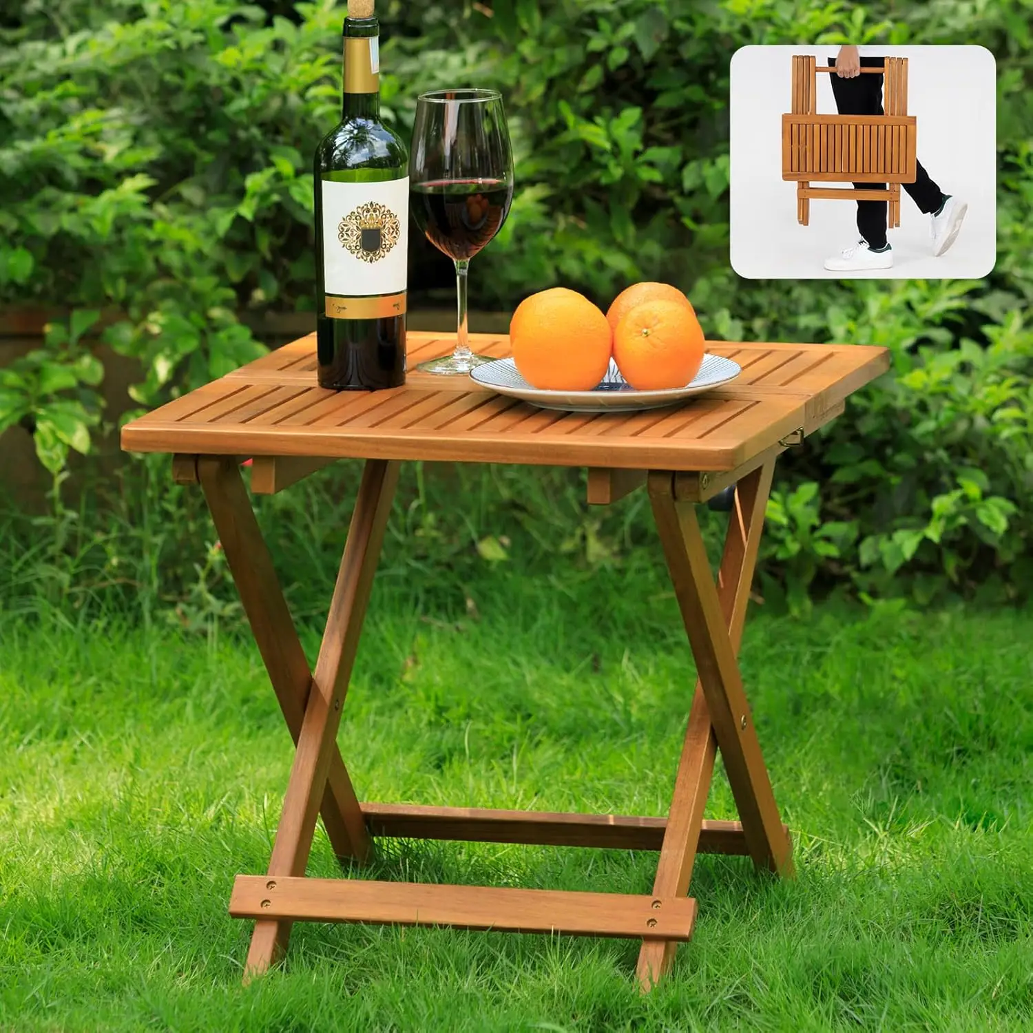 

Folding Acacia Wood Bistro Side Table 19.5x19.5, Heavy Duty 200Lbs, Space-Saving for Garden & Balcony, No Assembly