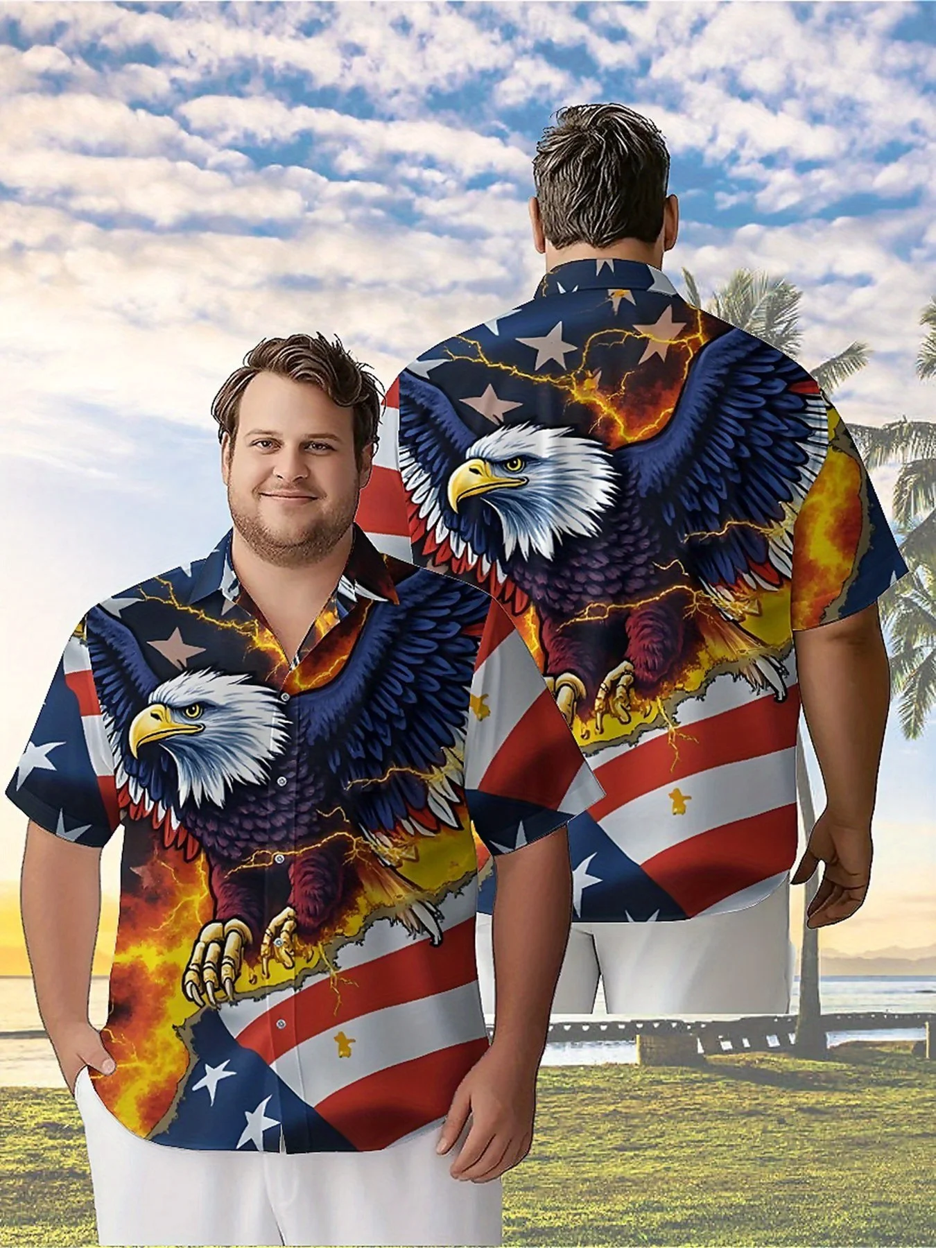 

Men's Plus Size Hawaiian Shirts Eagle and Stars Pattern, Summer Casual Tops, Suitable for Outdoor and Party, Streetwear