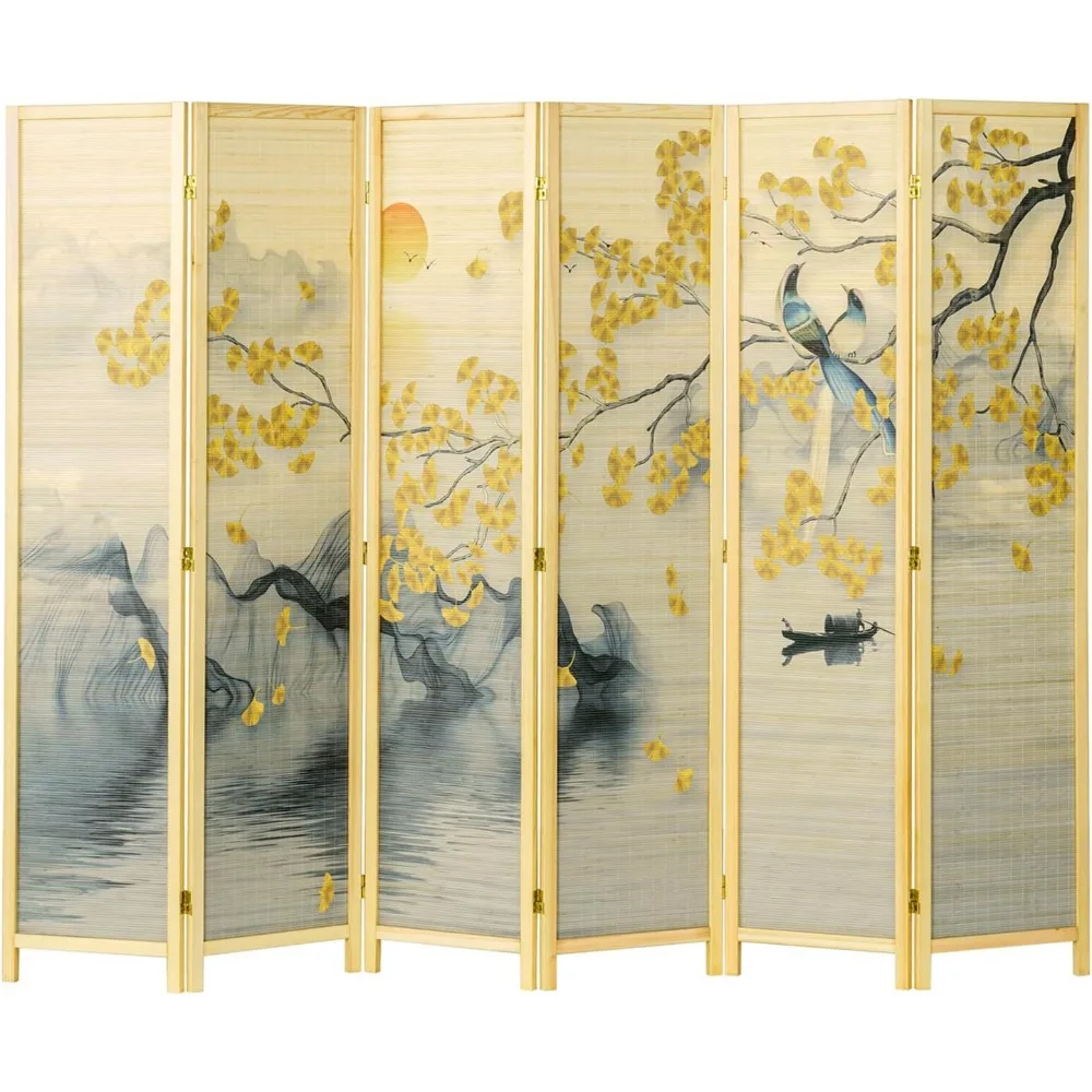 

MyGift 6 Panel Large Bamboo Room Divider with Dual Sided Asian Birds Gingko Biloba Tree Sunset Design Print, 6FT Freestanding Ar
