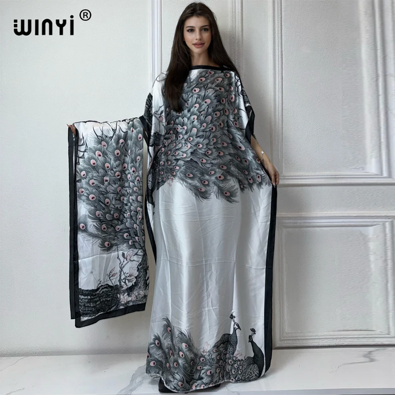 WINYI Africa summer kaftan with belt Women Classic peacock print Caftan Elegant Holiday summer Maxi silk Bohemian party dress