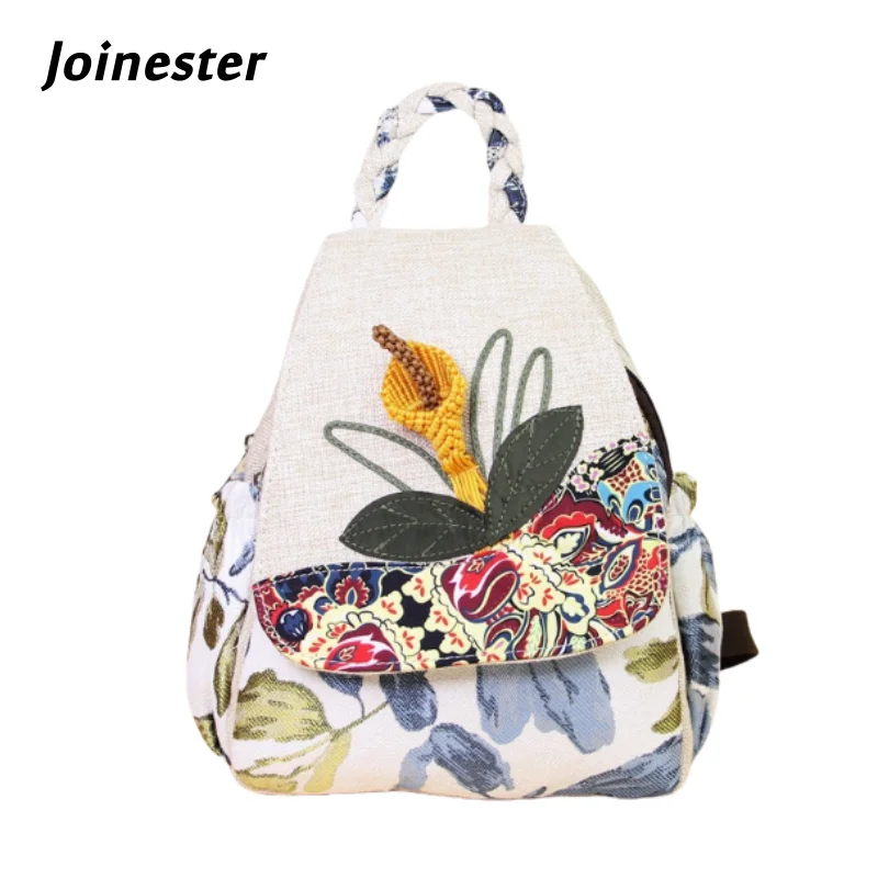 Cotton Linen Lightweight Soft Backpacks for Women Braided Flower Casual Travel Bags Girls Vintage Schoolbag Daily Rucksacks