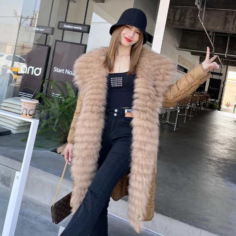 

2023 Winter Women Down Jacket Real Fox Fur Coat X-long Warm Light Big Collar Belted High Quality Goose Down Fashion Streetwear